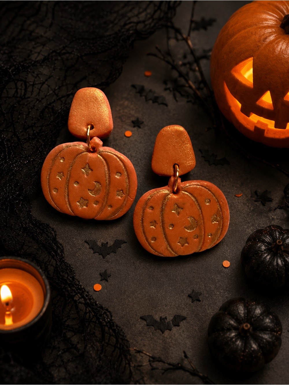 Pumpkin Dangle Handmade Polymer Clay Earrings - Shimmery Orange Halloween